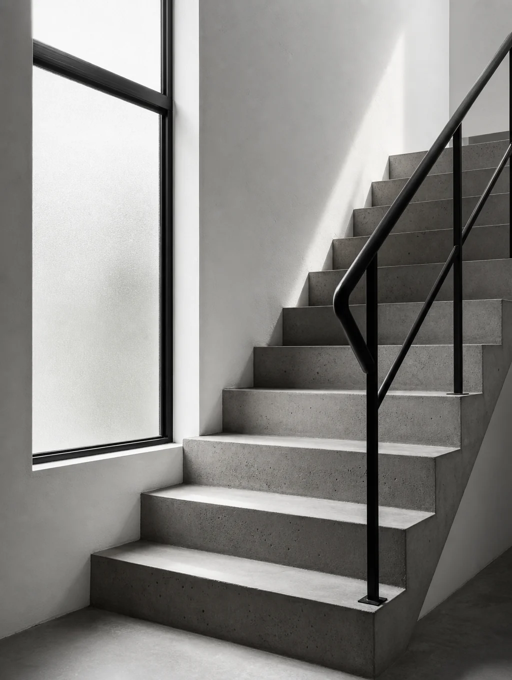 Modern straight steel staircase in a minimalist home