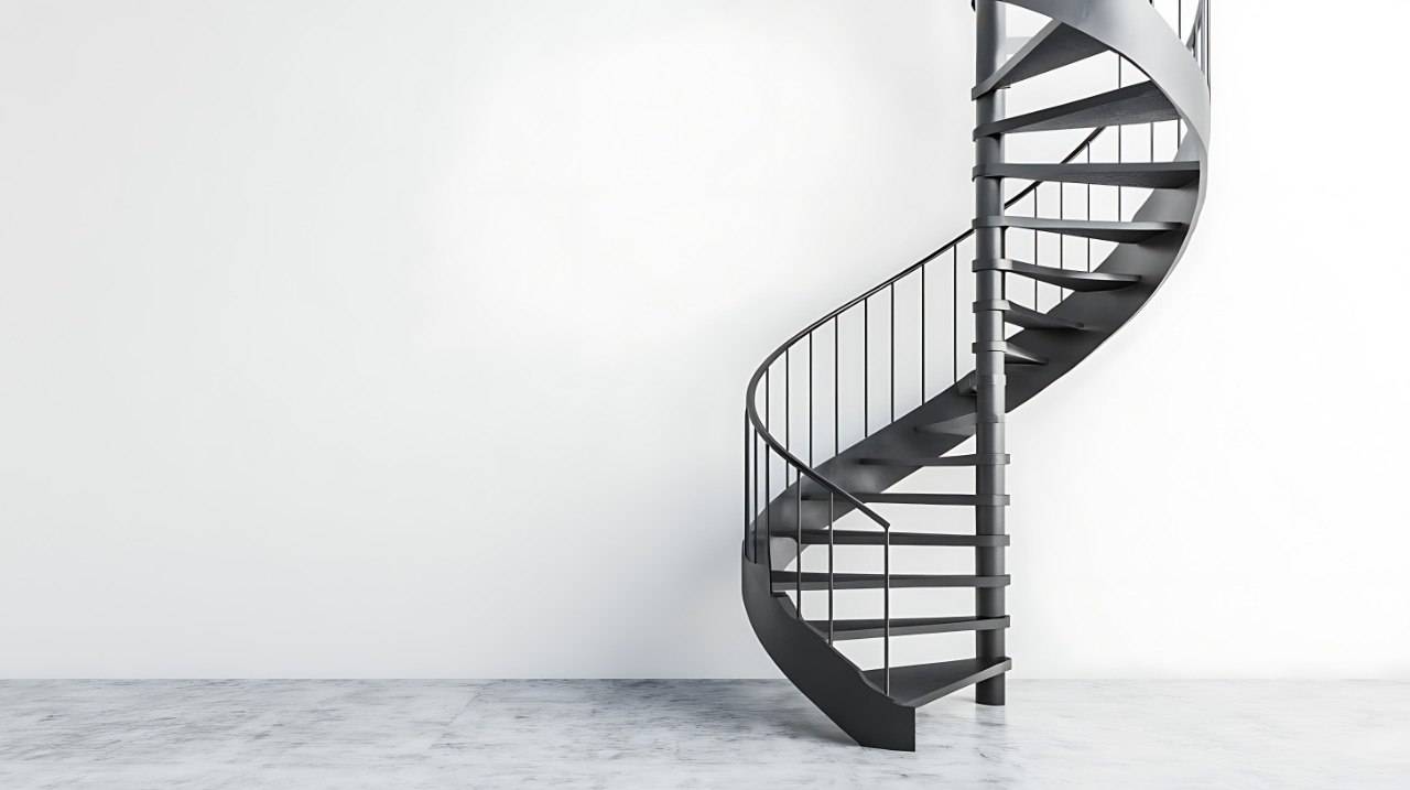Matte black steel spiral staircase in a bright minimalist white interior