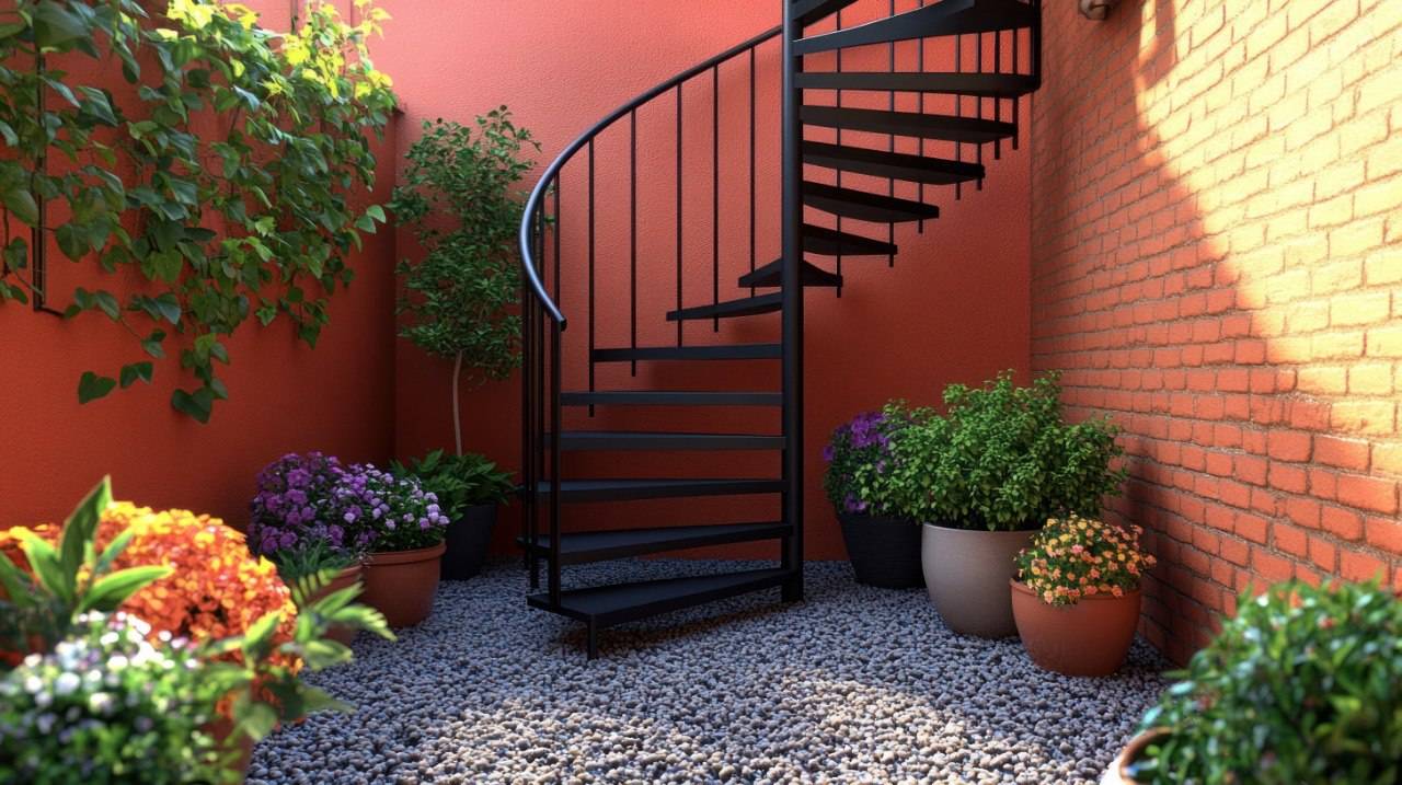 Matte black exterior spiral staircase in a courtyard with terracotta stucco, brick, and gravel