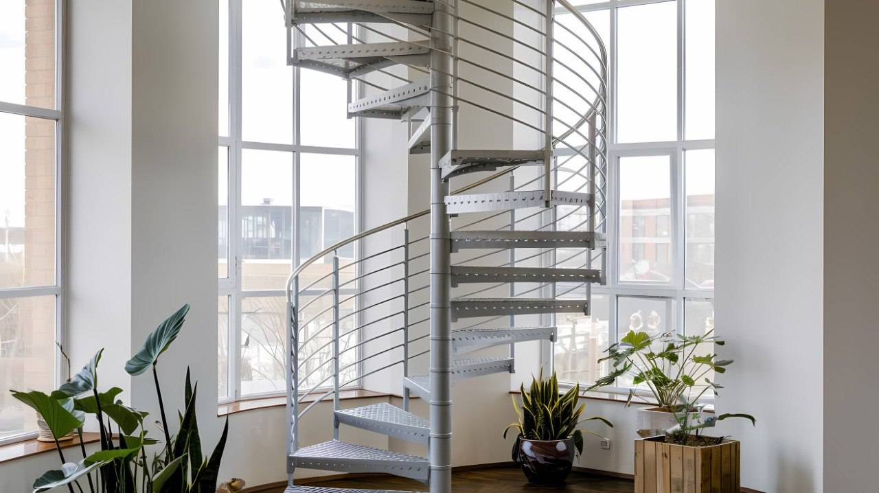 Light-grey perforated steel spiral staircase with curved tubular handrail in sunlit loft with industrial architecture