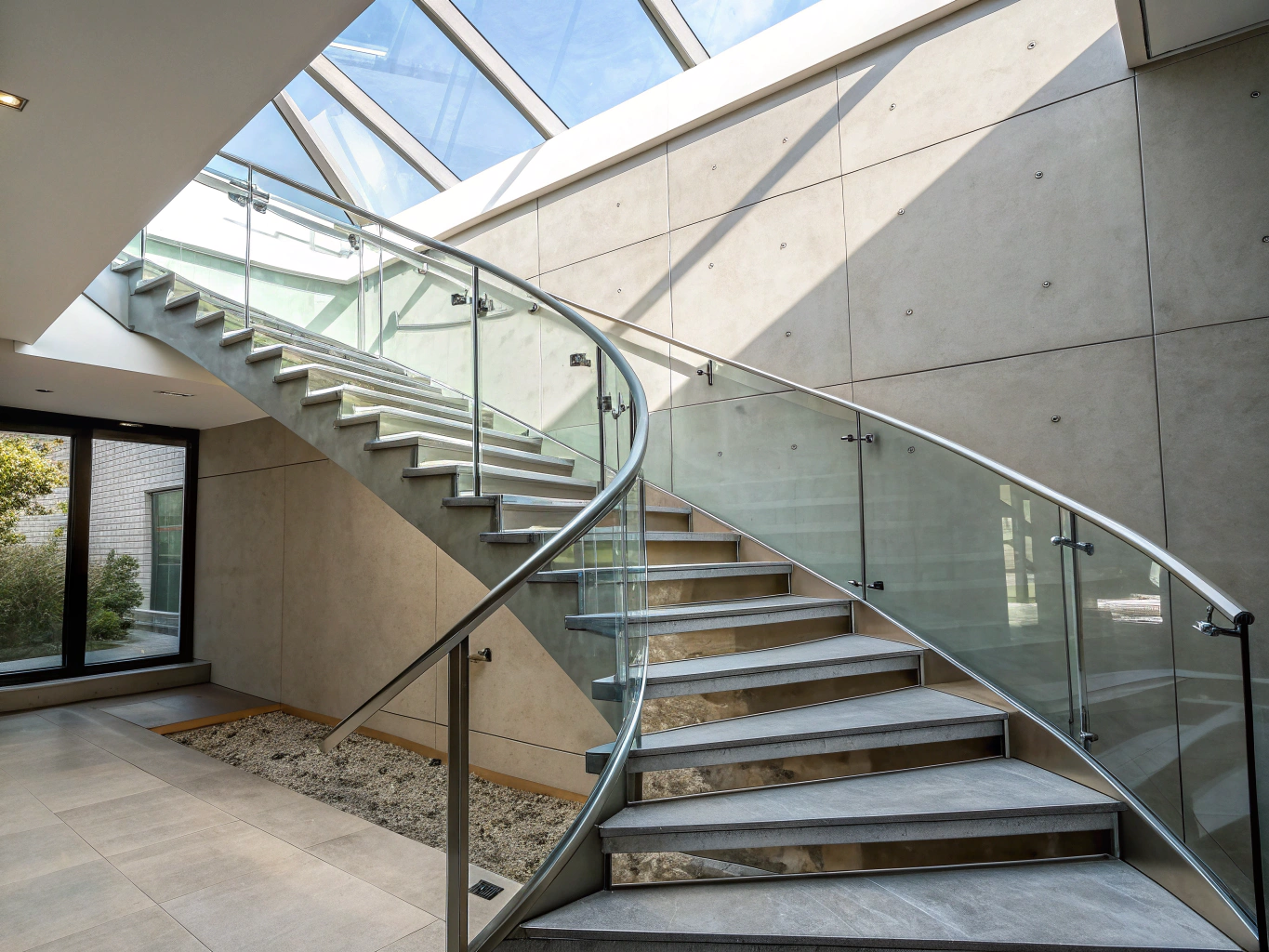 Straight flight with folded steel treads rising to a roof skylight