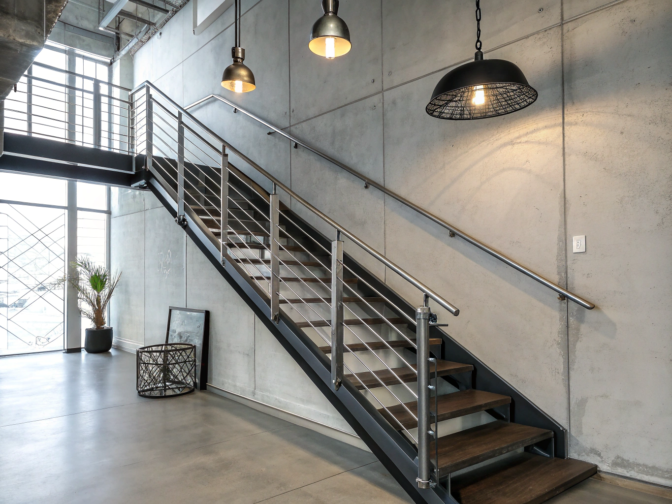 Modern hallway straight flight with black vertical bar balustrade and steel treads